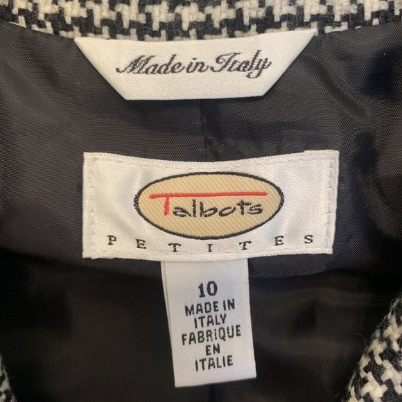 TALBOTS Petites Wool Houndstooth Blazer Italy Jacket 10 Black White Pockets - Picture 2 of 9